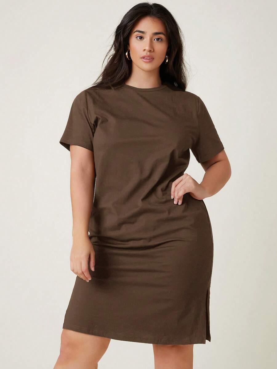 Plus Solid Split Hem Tee Dress - Brown - View 1