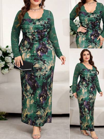 Reflora Plus Size Women's Fashion Party Lace Patchwork Long Sleeve Dress