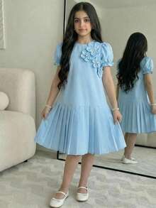 少女纹理蝴蝶结褶皱连衣裙，时尚休闲百搭，适合春夏穿着 - 藍色 - 查看 3