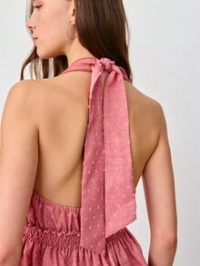 Nöista Dusty Rose Peplum Halter Top Features A Textured Fabric With A Deep V-Neckline. Spring Summer, Easter, Boho, Festival. - Red - View 5