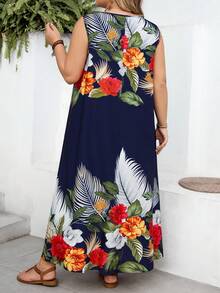 SHEIN CURVE+ Curve 尺码 US22 音乐节、海滨度假、波西米亚风女式印花无袖上衣和长款连衣裙套装，休闲乡村度假装，适合春夏、音乐节、度假 - 藍色 - 查看 2