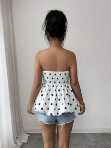 SHEIN Elenzya 女士春夏优雅时尚黑白大波点修身无袖无肩带上衣，灯笼裙摆，时尚百搭，适合通勤、外出、聚会等场合。 - 黑與白 - 查看 2