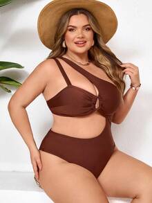 SHEIN CURVE+ Maiô de uma peça com decoração dourada em tecido na cor camelo para mulheres plus size, para praia - Caramelo - Visão 6