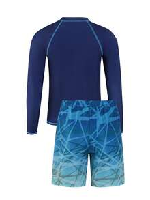 Teen Boys Swimwear, Casual Blue Geometric Knit Tankini With Long Sleeve And Swim Trunks, Fashionable Elegant Suitable For Swimming, Beach, Pool In Summer Teen Boy Swim Set Boy Swimsuit Set Long Sleeve Boys Beach Set Boys Rash Guard Set Teen Rash Guard Teen Boys Swim Shirt Boys Long Sleeve Swim Boys Rash Guard Top Teen Boy Beach Wear Boys Swim Rash Guard Teen Swimsuits Long Sleeve Teen Boy Swim Wear Boys Swim Trunks Long Sleeve Teen Swim Suits Teen Surf Clothes - Navy Blue - View 2