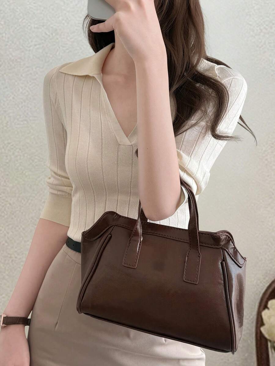 DAZY Niche Design Turndown Collar Fitted Mid-Sleeve Knit Sweater, Women's Fitted Knit Top - Beige - View 1