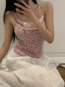 DAZY 女士花卉蕾丝吊带背心，网纱胸部设计，夏季款 - 玫瑰紅 - 查看 3
