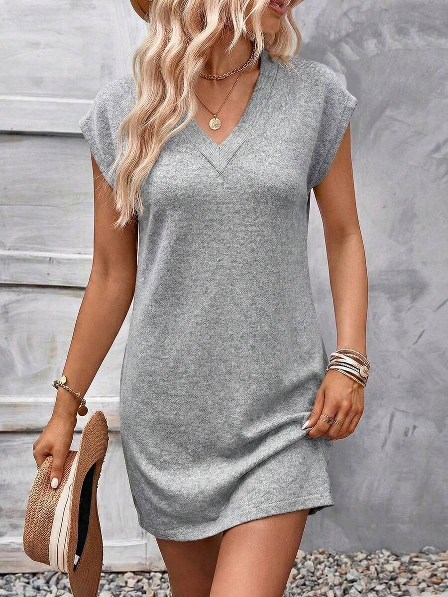 EMERY ROSE Summer Vacation Casual Solid Color V-Neck Short Dress - Grey - View 1