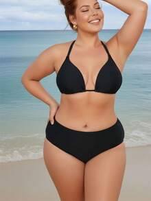 SHEIN Swim Curve ملابس سباحة قطعتين للمرأة البدينة تتكون من توب قصير ظهره عاري مرصع بالراين وسروال سباحة مطوي - الأسود - مشاهدة 4