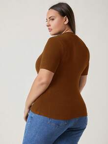 EMERY ROSE Plus Size Women's Solid Color Fitted Casual Daily Short Sleeve T-Shirt - Brown - View 2