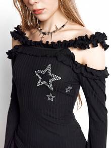 Bloopia 女士蕾丝领露肩水钻装饰优雅上衣，春夏款 - 彩色 - 查看 4