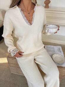DAZY Women's Elegant Lace Patchwork Sweater & Wide Leg Pants 2 Pieces Set, Autumn/Winter - Beige - View 5