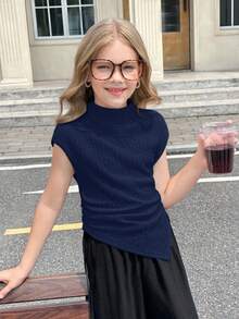 SHEIN Serisse Kids 少女休闲针织修身漏斗领褶皱不对称下摆短袖上衣，适合春夏返校季，可与妈妈亲子装搭配 - 藏蓝色 - 查看 4