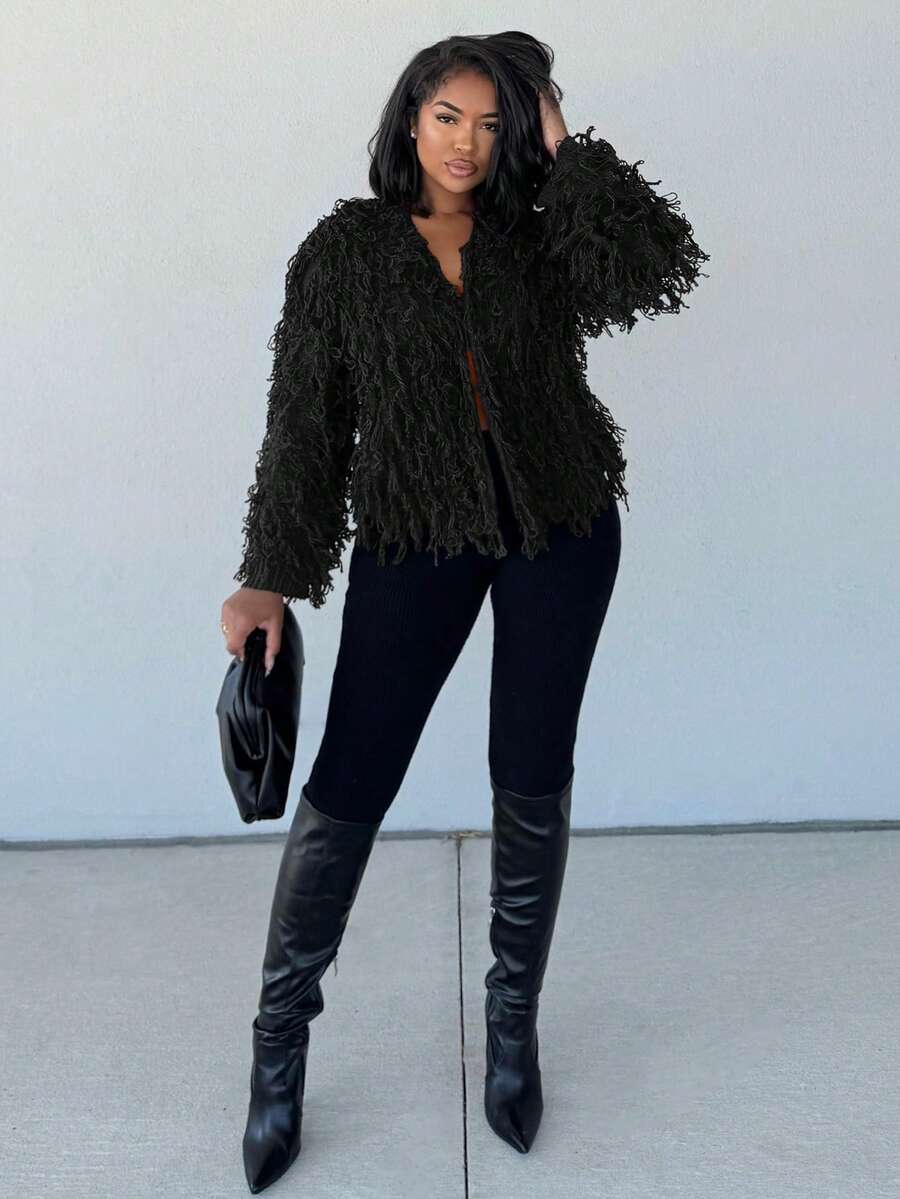 Alexandranx Solid Color Coil Knitted Cardigan,Long Sleeve Tops Fall Winter Cloth For Women - Black - View 1
