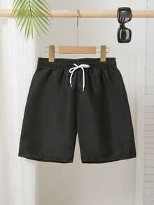 SHEIN Tween Boy Solid Color Drawstring Waist Swim Trunks - Black - View 6