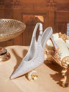 CUCCOO TILAWA 女士尖头细跟银色水钻性感时尚华丽后跟提拉鞋，搭配裙子，适合宴会、派对、夜店等场合，女士高跟鞋 - 銀色 - 查看 3