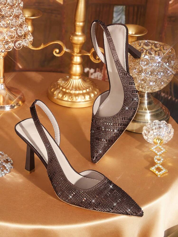 CUCCOO TILAWA Women Shoes Pointed Stiletto Brown Rhinestones Gorgeous Fashion Party Banquet Wedding Simple Women's High Heel Shoes Slingback Women's Shoes