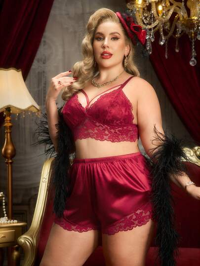 2pcs Lace Patchwork Crisscross Strap Camisole Top + Satin Shorts Set