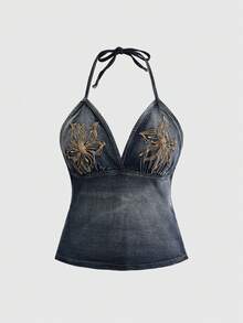 ROMWE Áo hai dây denim kiểu hippie cổ điển Millennium, thêu hoa, gợi cảm, dây mảnh, cỡ lớn. - Màu xanh lam - Xem 1