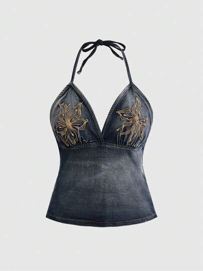 ROMWE Millennium Vintage Hippie Style Floral Embroidered Sexy Spaghetti Strap Denim Camisole Top, Plus Size
