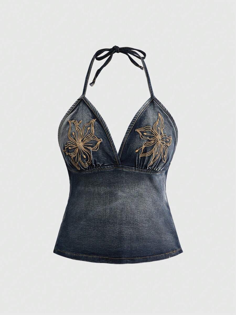 ROMWE Áo hai dây denim kiểu hippie cổ điển Millennium, thêu hoa, gợi cảm, dây mảnh, cỡ lớn. - Màu xanh lam - Xem 1