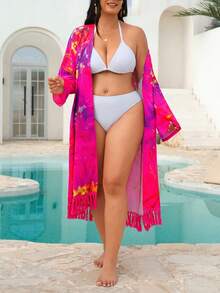 Swim Vcay كيمونو كاجوال مطبوع بالأزهار مع شراريب للمرأة ذات الحجم الكبير - متعدد الألوان - مشاهدة 5