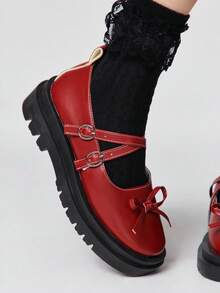 ROMWE Kawaii Women Wedges & Flatform - Burgundy Cross Bow - View 3