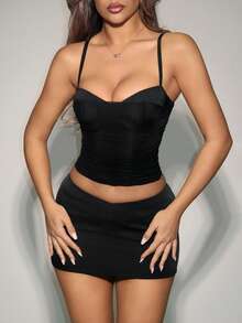 SHEIN ICON Women's Summer Fashion Solid Color Mesh Patchwork Ruffle Hem Camisole - Black - View 5