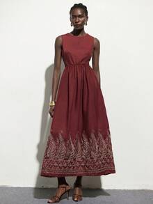 Aveloria Modichic Burgundy & Brick Red Gold 3D Floral & Vine Geometric Retro Embroidered Waist Hollow Out Round Neck Women's Dress, Vacation Casual Versatile Bohemian - Multicolor - View 3