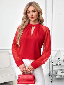 SHEIN Clasi Áo kiểu tay raglan màu trơn thanh lịch dành cho nữ, thích hợp mặc đi làm, màu đỏ, kiểu dáng thường ngày cho ngày Valentine. - Đỏ - Xem 5