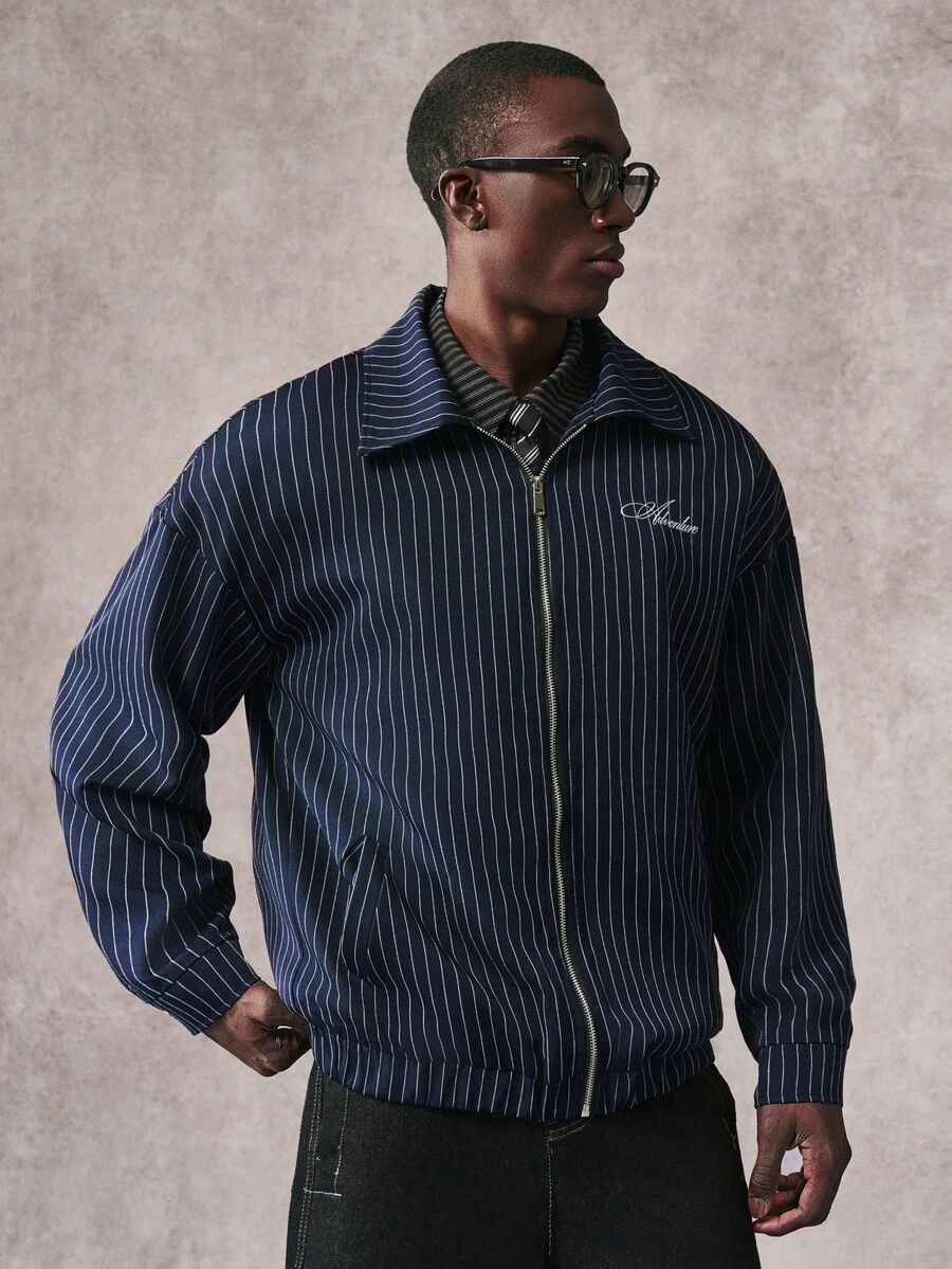 STYNVO 男士休闲通勤条纹夹克，春秋季 - 藏蓝色 - 查看 1