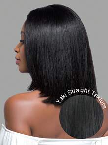 Yaki直发波波头假发，真人发，无胶预剪，4x4蕾丝前假发，真人发，预先拔毛，隐形结，即戴即用，短款Yaki波波头假发，180%密度 - Natural Black - 查看 9