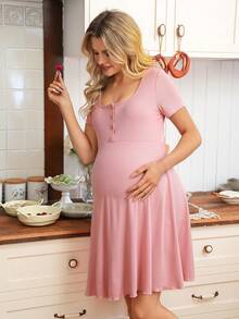 SHEIN Vestido de maternidad y lactancia casual de cuello redondo y unicolor para mujeres - Rosa - Ver 4