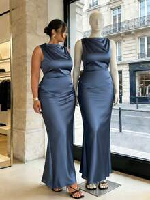 Firerie 大码女士优雅通勤套装，无袖褶皱领高低摆条纹衬衫搭配褶皱腰身超长鱼尾中长裙，蓝色缎面套装，优雅通勤女装，春夏秋季皆宜，风格优雅，通勤，性感，波西米亚风，音乐节，浪漫，约会，派对，婚礼季，毕业礼服，舞会礼服，演出服，演唱会服装，工作服，返校季，女士度假装，女士生日装，女士教师装 - 藍色 - 查看 9