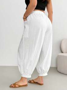 Shapeblank 大码女装春夏时尚休闲宽松舒适日常百搭白色亚麻弹力腰带口袋灯笼裤，夏季服装，女式下装，度假装 - 白色 - 查看 2