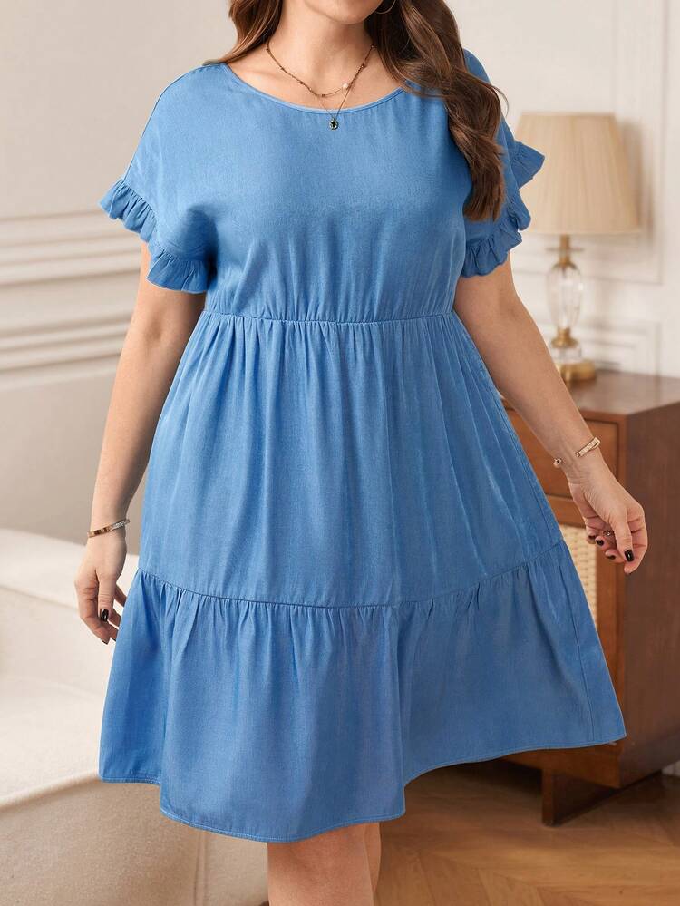 Plus Size Women's  Blue Solid Color Round Neck Batwing Short Sleeve Ruffle Hem Casual Dress Plus Size Ruffle Dress Plus Casual Dress Short Sleeve Summer Dress Summer Outfit For Women Beach Vacation Outfits Graduation Dress Women Summer Plus Size Dress