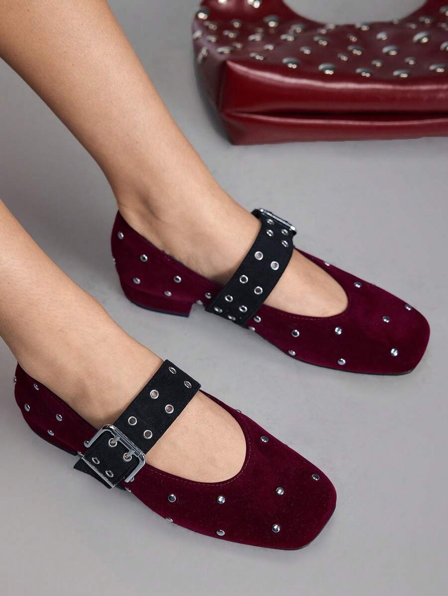 CUCCOO GRLICON 2000's Style Studded Square Toe Mary Jane Shoes, Suitable For Spring, Summer And Vacation - Burgundy - View 1