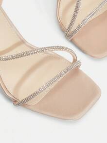 Glitzique 女性粗跟夏季沙灘涼鞋,鑲嵌鑽石裝飾,透氣帶,裸色色調性感豁口 - 杏色 - 查看 7