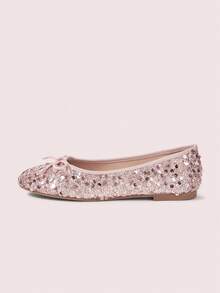 CUCCOO DOLLMOD 女士粉色亮面圆头蝴蝶结装饰低帮芭蕾平底鞋，鞋面亮片材质，可爱优雅，一脚蹬款式，适合节日和情人节穿着。 - 粉色 - 查看 3