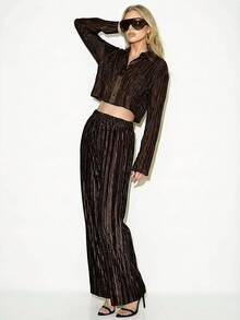 Femmeiva Women's Solid Color Elastic Waist Pleated Wide Leg Loose Casual Pants - Coffee Brown - View 1