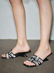 方头绑带性感优雅高跟凉鞋，露趾，韩版时尚，编织设计坡跟拖鞋，女士夏季 - 黑色 - 查看 3