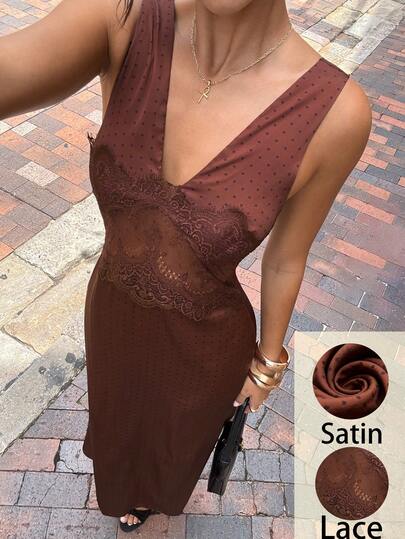 Siren Gaze Spring And Summer Lace-Paneled Satin Polka Dot Dress For Women, Brown Satin Hollow-Out Elegant Ladies' Dress