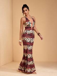 JIAN LASALA 多色热带花卉印花露背系带深V露背修身女士长裙度假 - 彩色 - 查看 4