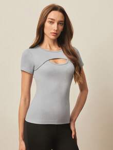With My Calm New Seamless Fitted Short Sleeve Yoga Top, Casual Workout Gym Tee For Women - Blue - View 3