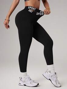 SHEIN Dewbera Women's Black Criss-Cross Waistband Seamless Skinny Casual Sports Leggings, Ribbed Texture Yoga Fitness Tights - Black - View 6