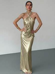 Aloruh Đầm dạ hội nữ mùa xuân/hè hở lưng, buộc dây, dáng đuôi cá ôm sát. - Rượu sâm banh - Xem 5