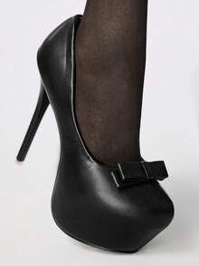 ROMWE Goth 女士新款细跟高跟鞋 14cm 小圆头时尚蝴蝶结性感内里防水桌鞋 - 黑色 - 查看 3