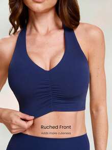 GLOWMODE DD+ FeatherFit™ Non-Stop Glow Stretch & Shine Buttery-Soft Stretchy Gathered Front Removable Cups Cropped Tank Top Low Impact Yoga Studio Pilates Daily Active Wear - Dark Blue - View 5