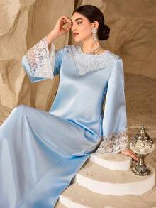 Al Najma Women's Contrast Lace Round Neck Flare Sleeve Elegant Arabic Style Dress Abayas Dubai Luxury Muslim Dress For Women Abaya Dress Modest Dress Dusty Blue Elegant Dress - Blue - View 6