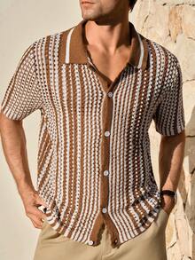 Manfinity RSRT Men's Casual Striped Button Short Sleeve Knit Top - Multicolor - View 2