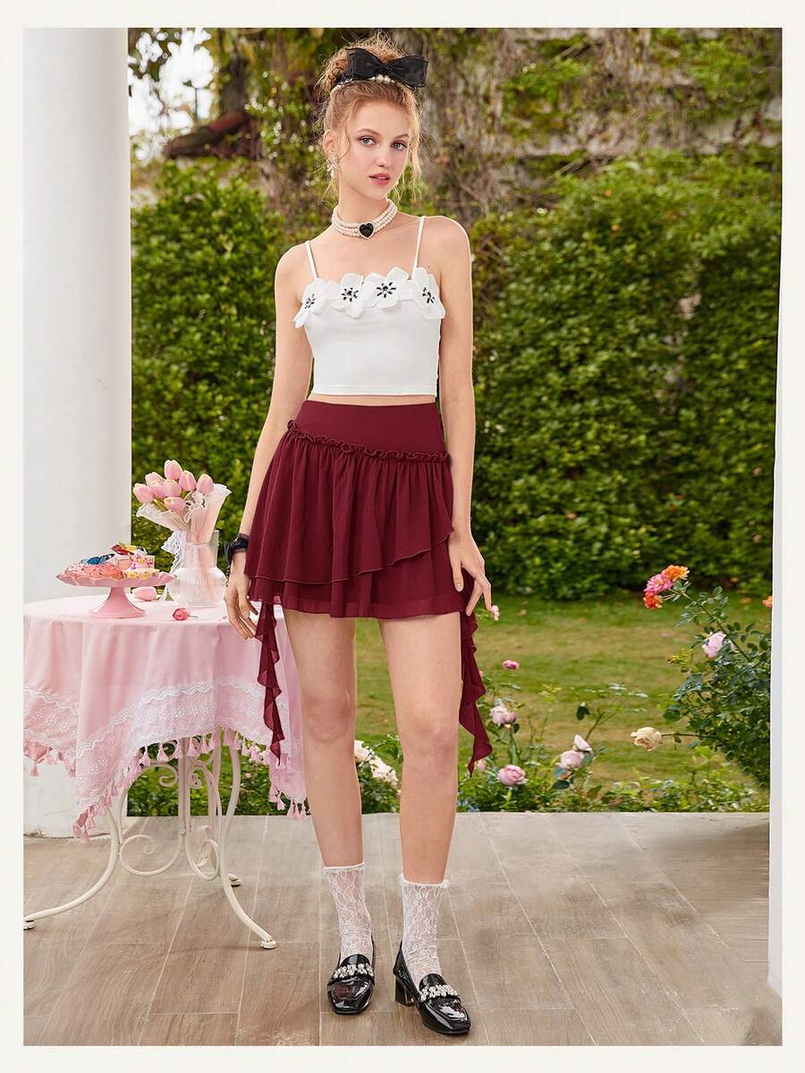 SHEIN MOD Black Ruffle Chiffon Date Night Asymmetric Solid Frill Trim Ruffle Hem Skirt,Flamenco Skirt - Burgundy - View 1